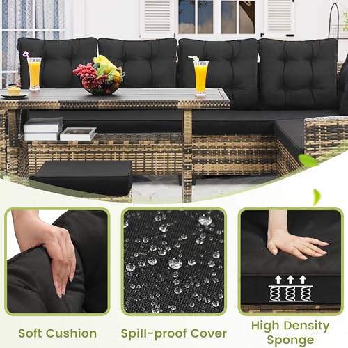 Image of KROFEM 6 Piece Patio Furniture Set, Dining and Conversation Set | UV Treated Wicker, Machine Washable Cushions, Seats 7, 2 Ottomans, 3 Sofa Section, Dining Table, Rustproof Frame, Black