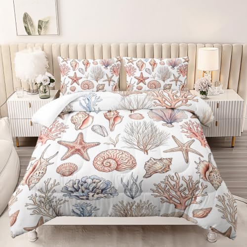 Image of AILONEN Blush Seashell Full Comforter Set, Vintage Coral Starfish Bedroom Ensemble, 3 Piece Microfiber Down Alternative Fill for Adults Apartment Residents