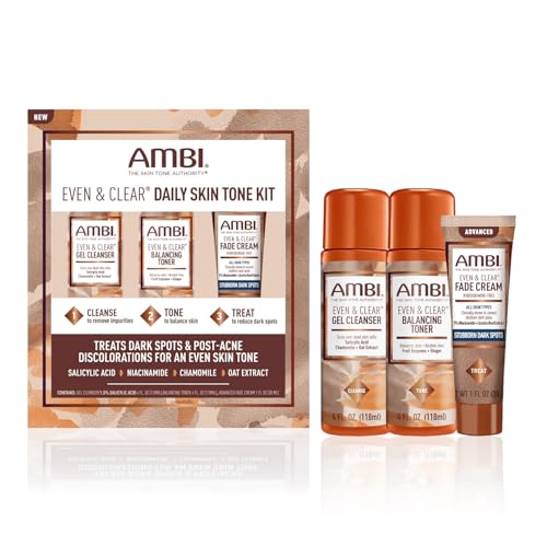 Ambi Even & Clear Daily Skin Tone Kit, 3-Step Regimen for Acne, Dark Spots & Uneven Tone, Cleanser + Toner + Advanced Fade Cream, Salicylic Acid + Niacinamide