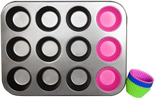 Hit Delights Muffin Pan with Re-Usable Non Stick Silicone Cupcake Liners Set, Oven and Dishwasher Safe