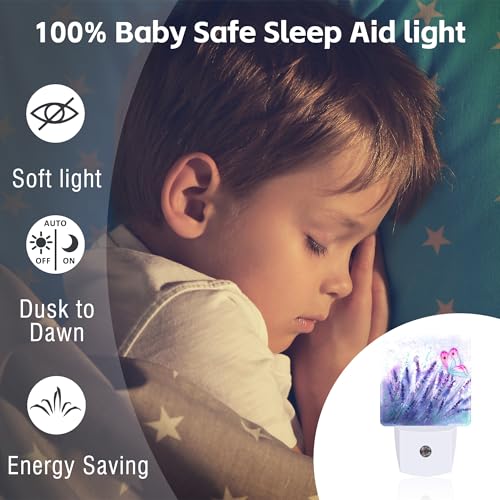 Image of Lavender with Pink Butterfly Night Light for Kids, Watercolor Purple Meadow Floral Night Light Plug in with Dusk to Dawn Sensor, 0.5w Energy Saving Nightlight for Hallway Stairway Kitchen Bedroom