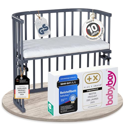 babybay Cuna auxiliar original de madera de haya maciza, compacta y transformable, altura regulable sin niveles, cuna creciente (lacada en gris pizarra), incluye colchón