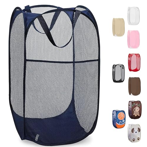 Handy Laundry Collapsible Mesh Foldable Hamper 14' x 14' x 24' Navy Blue