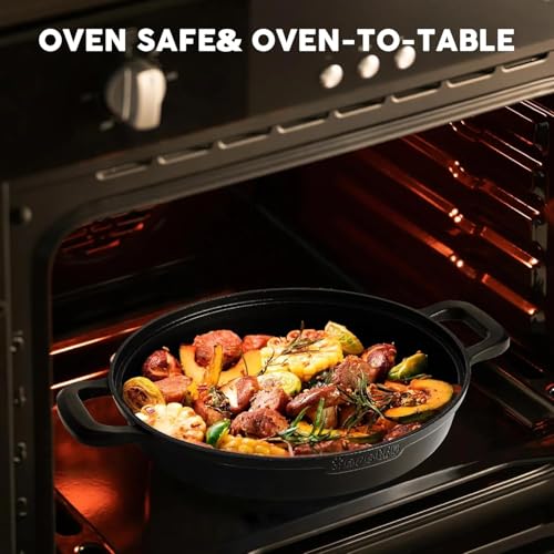 Image of Non-Stick Frying Pan /Skillet 11 inch, 3QT Tagine Pan,Cast Aluminum Pans with Lid, Stove /Oven-to-Table Cookware, Dishwasher Safe& Compatible with All Stovetops(Black Red)