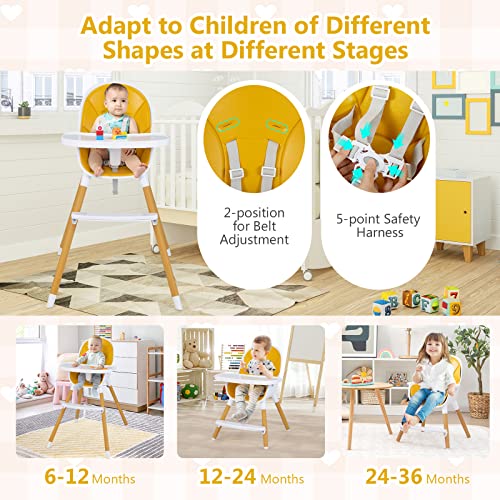 Honey Joy High Chair, 3-In-1 Eat & Grow Highchair/Booster Seat/Toddler Chair W/Removable Tray, Safety Harness, Steel Legs, Pu Cushion And Footrest For Baby, High Chair For Babies And Toddlers (Yellow) #TOP5