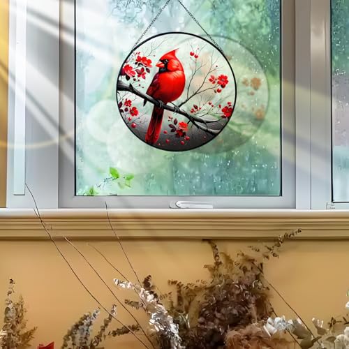 RIVEENY Cardinal Stained Glass Window Hanging,Cardinal Stained Glass Suncatcher,8" Window Suncatcher Hanging Ornaments Wall Art, Hand-Painted Glass Panel Home Decor for Mom Grandma by RIVEENY - Used condition - Image 7