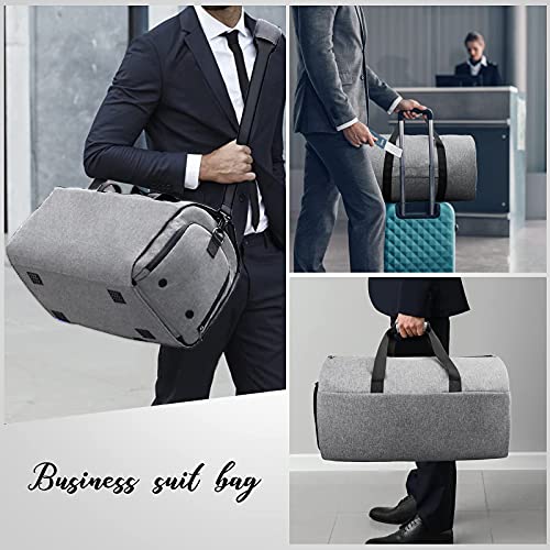 Carry on Convertible Garment Bag Waterproof Travel Duffel Bag for Mens Business Garment Bags with Shoulder Strap, Shoes Compartment 2 in 1 Hanging Suitcase Suit Travel Bags, Grey