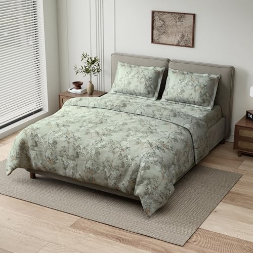 Image of Haus & kinder Double Bedsheet for Queen Size Bed | 90 x 100 Inches 144 TC Cotton Bedsheet for Double Bed with 2 Pillow Covers - Serene Branch Blue