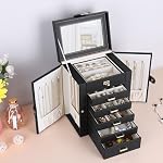 Kendal Jewelry Box, 6-Layer Jewelry Storage Organizer for Necklace Bracelet Rings Watch, 10.2"x8.2"x6" Classic Black PU Leather 5 Drawers Large Storage Capacity with Mirror - Image 5