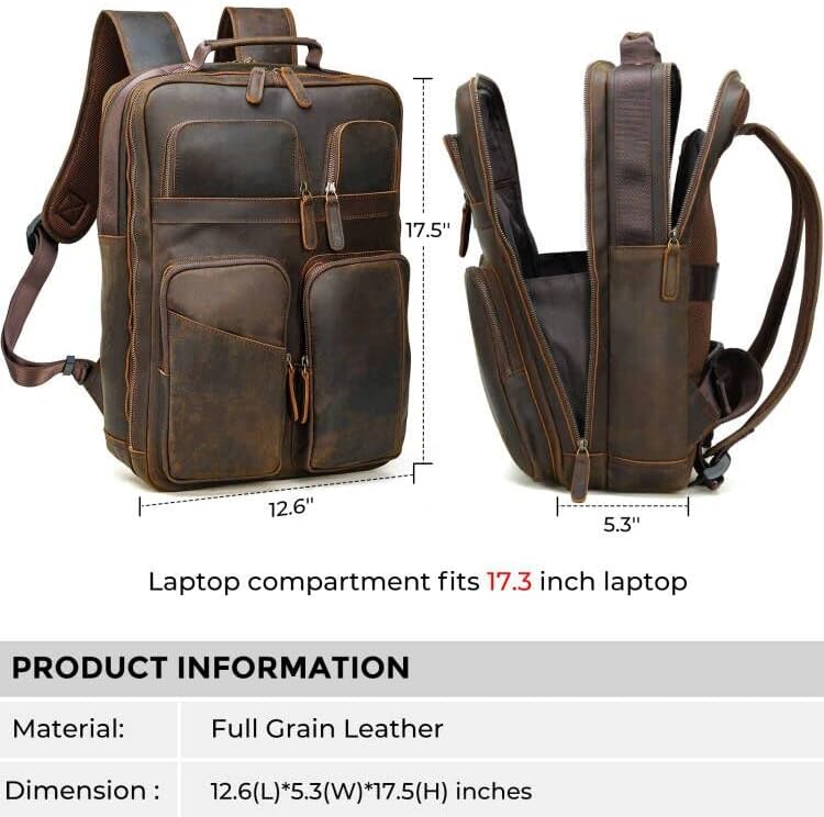 Miniatura 2 de Mochila de cuero de grano completo para hombres, mochila de viaje para laptop de 17.3 pulgadas, mochila con múltiples bolsillos con cremalleras YKK,