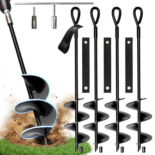 MIXC 18 Inch Heavy Duty Ground Anchors Screw in 4 Pack Spiral Trampoline Stakes with Straps Drill Adapter and Upgraded T-Wrench 2.76 Wider Blades for Swing Set Shed Carport Mobile Home