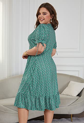 Image of Keluummi Plus Size Summer Wedding Guest Midi Dresses for Curvy Women, Floral V Neck Party Sundress