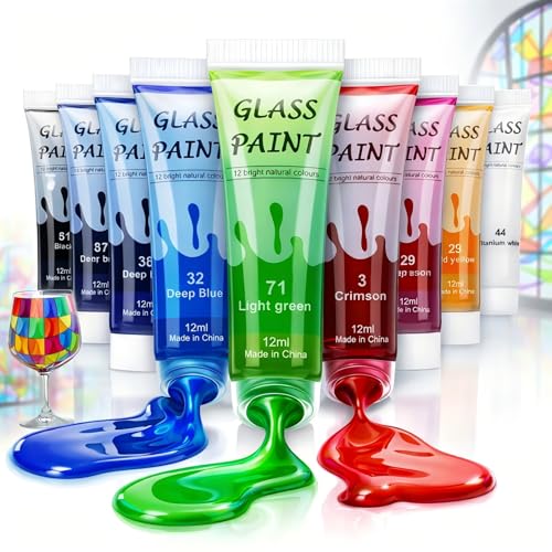 Acrylic Glass Paint Kit Transparent Stained Glass Paint for Wine Glass Window Ceramic Bottle Non-Toxic Waterproof Acrylic Enamel Painting Set for Adults Beginners(12 Colors / 5.04 Oz)