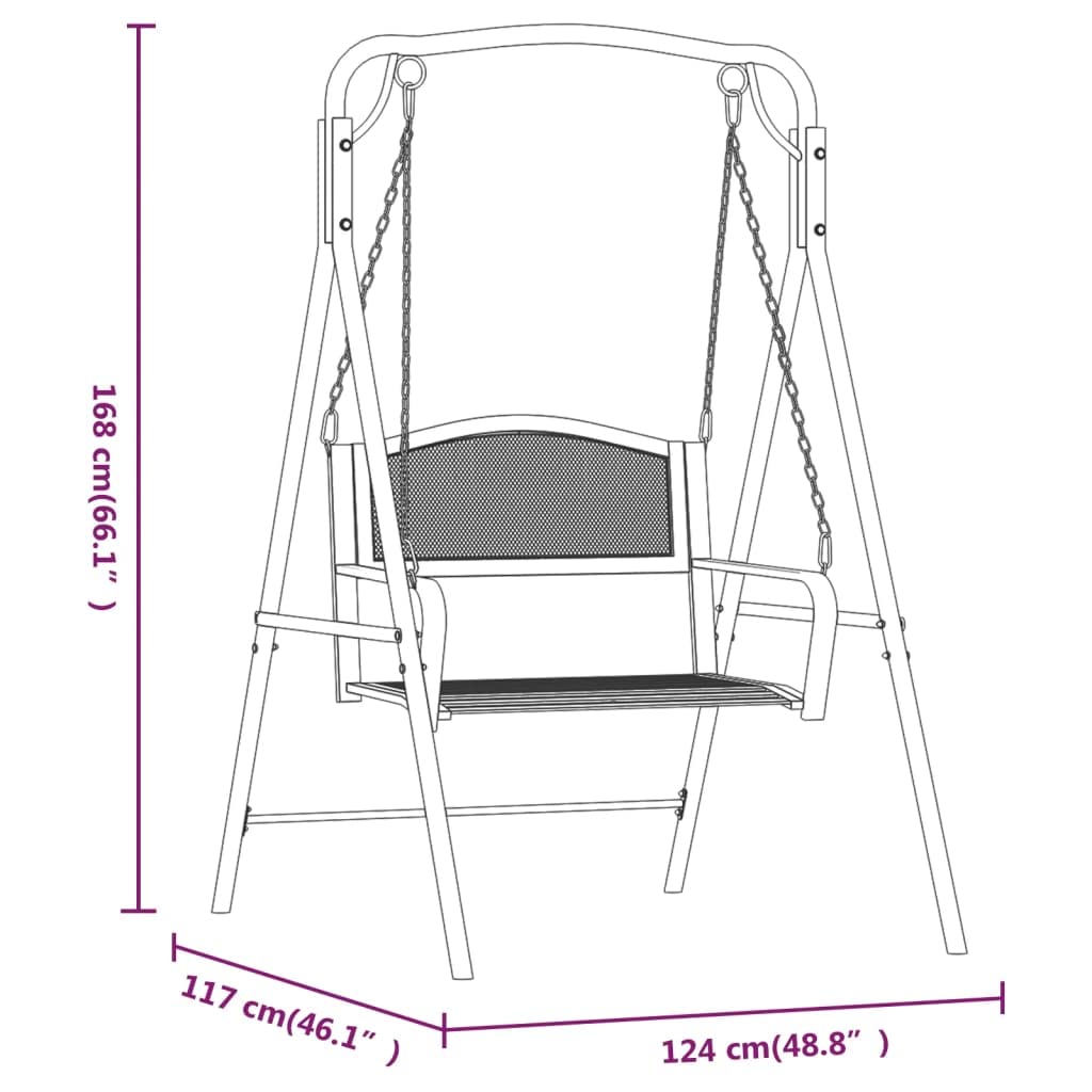 Dondolo Hollywood da 124 cm, in acciaio nero, con catena, classica panca sospesa per giardino e terrazza, panca in metallo, 124 x 117 x 168 cm