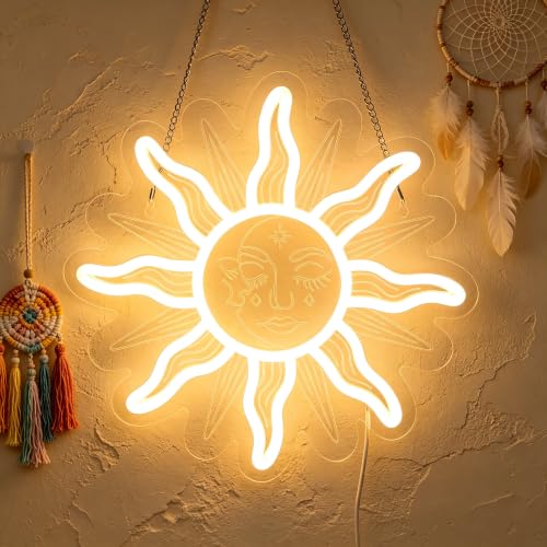 Image of Attivolife Sun Goddess Neon Sign, Dimmable Sun and Moon LED Light, Sunflower Eye Boho Aesthetic Wall Decor, USB Powered Tribal Art Lamp for Bedroom Living Room Dorm Women Boho Lovers Gift 11.8 inchx11.8 inch