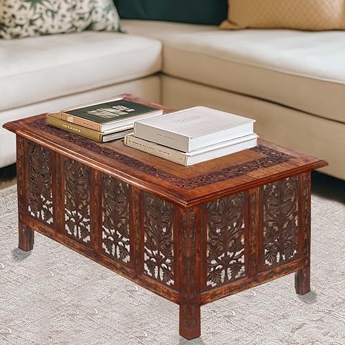 COTTON CRAFT Solid Wood Coffee Table – Hand Carved Center Table with Foldable Legs – Decorative Table for Living Room Small Spaces Entryway Bedroom - No Tools Assembly - 30 x 20 x 18 - Antique Brown COTTON CRAFT Solid Wood Coffee Table – Hand Carved Center Table with Foldable Legs – Decorative Table for Living Room Small Spaces Entryway Bedroom - No Tools Assembly - 30 x 20 x 18 - Antique Brown