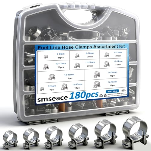 smseace 180Pcs Fuel Line Clamps 10-Sizes 7-18mm Fuel Injection Hose Clamps Pack in handheld Box Zinc Plated High Pressure Hose Clamps For Diesel/Petrol Pipe in Automotive,Marine,Truck