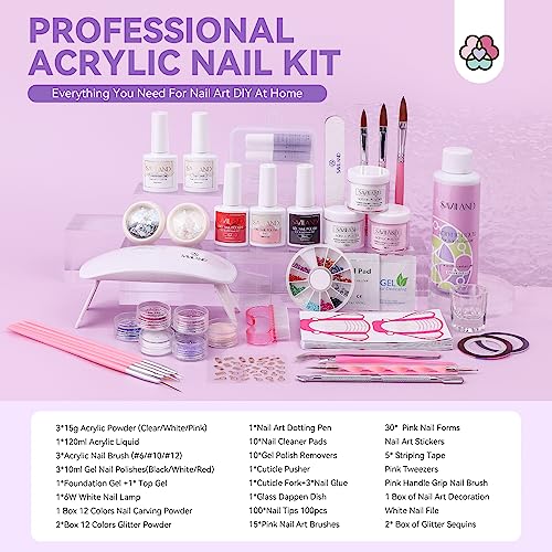 SAVILAND Acrylic Nail Kit with Everything for Beginners: Acrylic Powder and Liquid Set with Gel Nail Polish Nail Lamp Base & Top Gel Acrylic Nail Brush Professional Nail Kits Acrylic with Everything