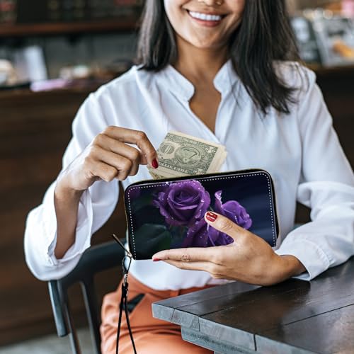 Image of Women's Wallets,Credit Card Holder Money Leather Long Wallet with Wristlet,Large Capacity with Zip-Around Phone Purse for Women Ladies Girls,Three Purple Roses