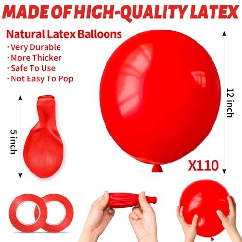 Image of Red Balloon 110pcs, Red Latex Balloons12 inch for Birthday Valentine's Day Wedding(with 2 Ribbons). (Pack of 3)
