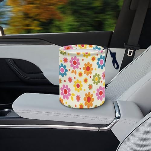 Image of Cute Hippie Flower Mini Car Trash Bin Car Garbage Can Car Storage Bag Waterproof Multipurpose Car Organizer Car Accessories for Women Interior