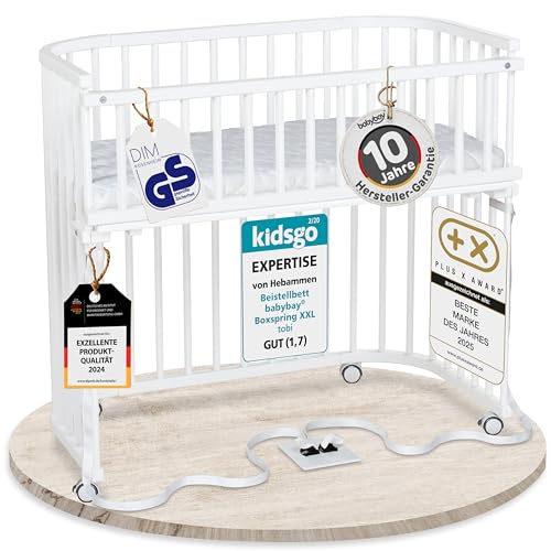 babybay Boxspring XXL Beistellbett, weiß lackiert, mit Matratze, Gitter und Rollen