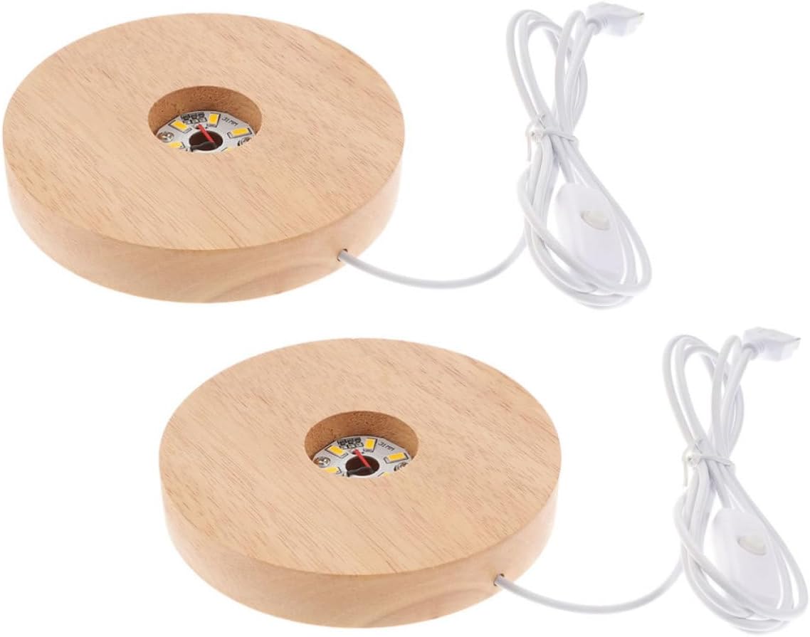 2pcs Wood Display Stand with USB Charging, Fine Workmanship LED Light Base for Crystal Items and Jewelry, 12cm Wide Wooden Sphere Stand for Home Decor