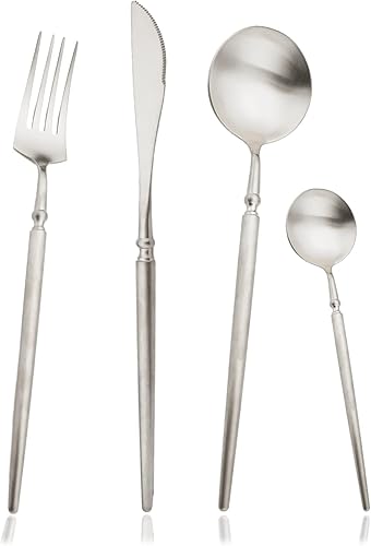 JASHII Juego de cubiertos único de 16 piezas, acero inoxidable 304, acabado mate, juego de cubiertos vintage con mango vintage, cuchillo tenedor,