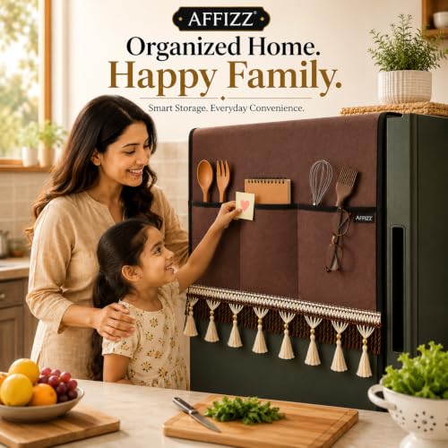 Image of Premium Fridge Cover Top for Single Door Refrigerator with Tassle Lace & 6 Side Pockets | Waterproof, Dustproof & Washable Polyester Refrigerator Cover Top, Organizer Fridge Top Cover (Brown)