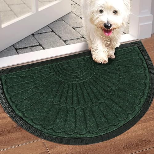 Image of Heavy Duty Half Round Doormat for Outdoor Entrance - Waterproof Low-Profile Rubber Backed Welcome Mat with Anti-Slip Grip & Dirt Trapping Design Door Rug (Green, 45 x 75 CM)
