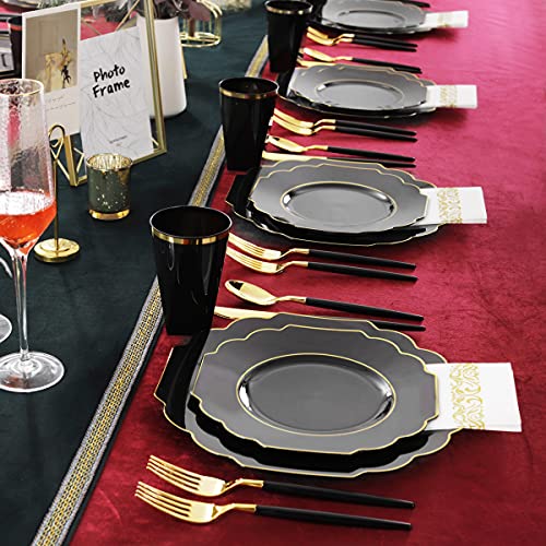 Nervure 140Pcs Black Plastic Plates & Gold Plastic Silverware With Black Handle - Gold Disposable Plates Include 40Plates, 20Forks, 20Knives, 20Spoons, 20Cups, 20Napkins Perfect For Wedding & Party #TOP6