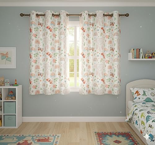 Image of 3D Printed Light Filtering Kids Room Curtain 5 feet Long Set of 2 pcs, Kids Bedroom Curtain Panel, Butterfly Rainbow Curtain for Kids Room Girls Room, Window 4x5 ft Beige Color Parde