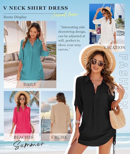 Urchics Swimsuit Coverup for Women 2025 Drawstring V Neck Bikini Swimwear Beach Cover Up Beach Shirt Dress4