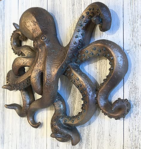 Large Octopus Decorative Wall Sculpture - Bronze/Verdigris Finish - Nautical Ocean Beach Coastal Decor - Table Top Or Wall Mount #TOP4
