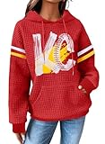 BANGELY Game Day Hoodie Women Football Graphic Sweatshirt Football Team Fan Pullover Football Season Waffle Knit Weekend Tops Red