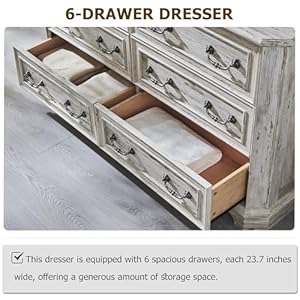 T4tream farmhouse 6 drawers dresser for bedroom 54 wide wood rustic chest of drawers with natural texture vintage design storage dressers organizer for bedroom living room distressed white  urban country home decor