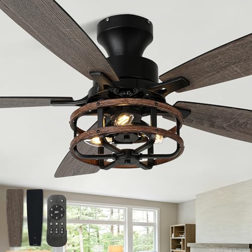 Bella Depot 52 Inch Flush Mount Farmhouse Ceiling Fan with Light, Rustic Caged Low Profile Ceiling Fan with Remote Reversible Motor for Bedroom Living Room Patio