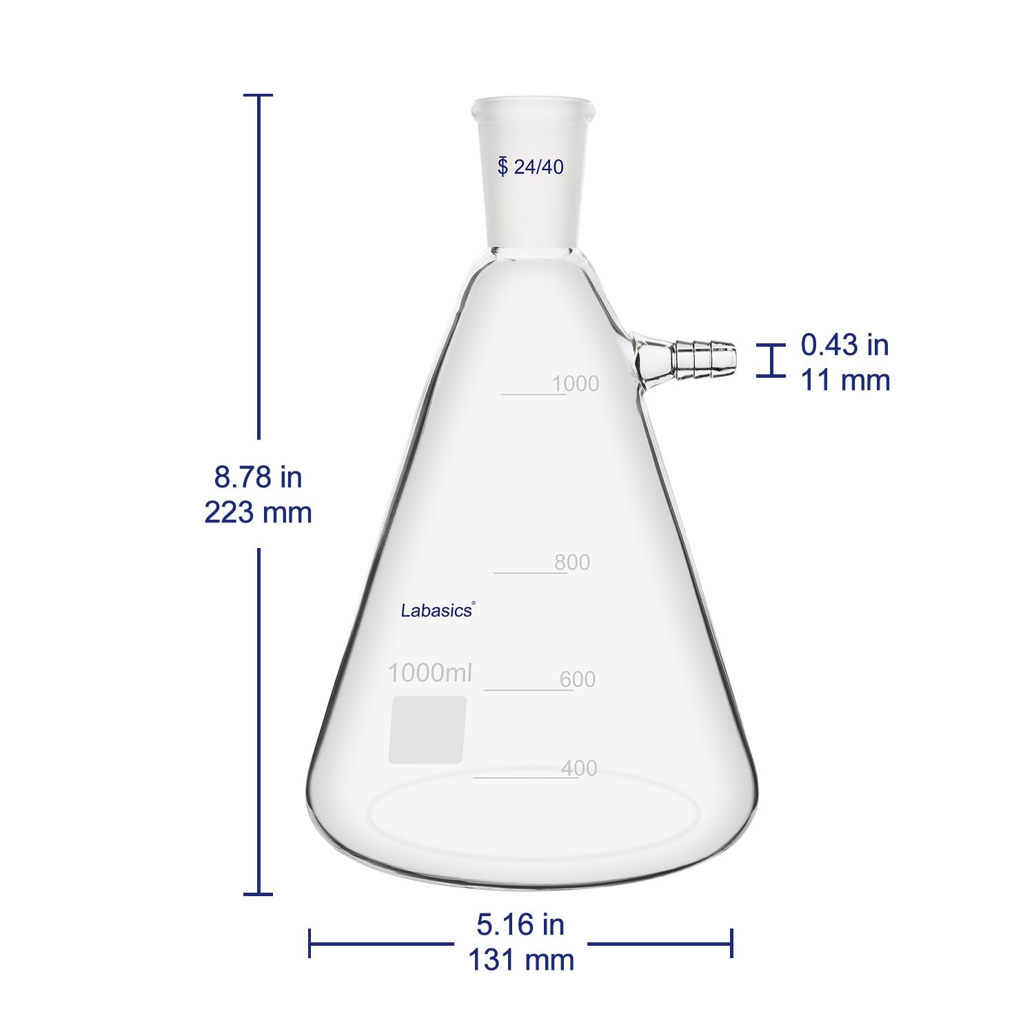 Labasics 1000 ml Flacon de Filtration avec 24/40 Standard Conique Joint, Flacon de Filtration en Verre Borosilicate Haute Résistance, Col de Boulon avec Tubulure, Interface de Tuyau de 9 mm
