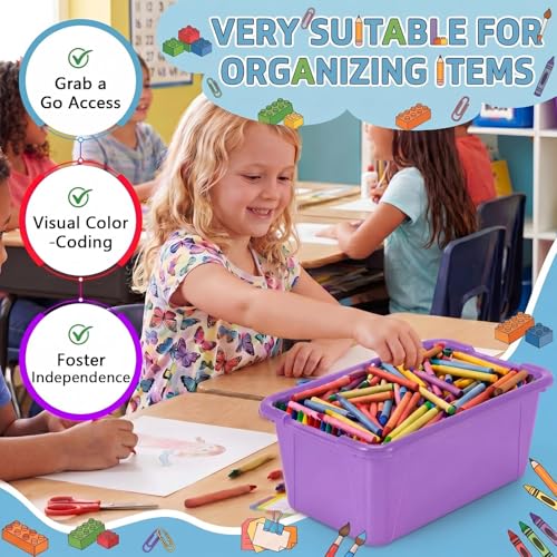 Image of Hushee 24 Pack 6 Quart Classroom Cubby Storage Bins with Lids and Labels | Fits 12 x 8 x 5 Inch Cubbies, 6 Colors and Clear Lids for Easy Storing, Durable and Stackable for Toys Books Shoes Crafts