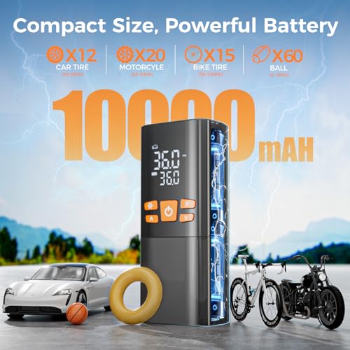 Image of Tire Inflator Portable Air Compressor 150PSI Cordless Air Pump with 10000mAh Battery and 12V DC Dual Power Auto Shut Off Digital Gauge Fast Inflation for Car SUV Truck Motorcycle Bike Ball