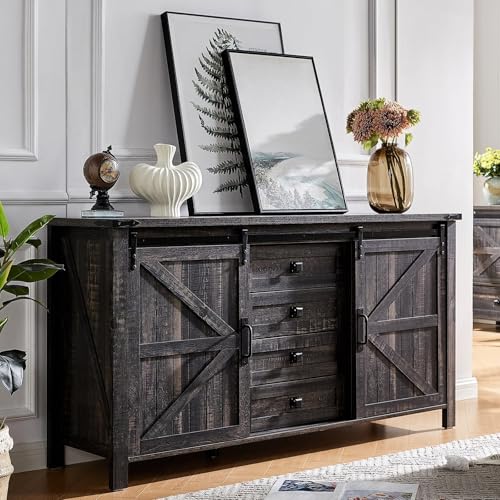 AMERLIFE 60" Farmhouse Sideboard Buffet Cabinet with Sliding Barn Doors, Dresser with 4 Drawers, Rustic Coffee Bar Table for Dining Living Room/Entryway, Black Oak