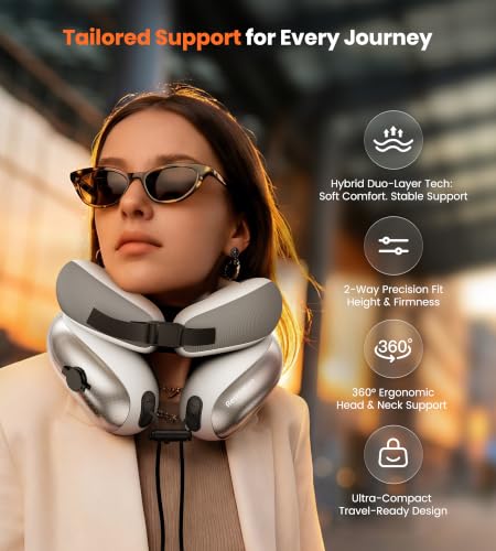 Image of Neck Pillow for Traveling, Travel Pillows for Airplanes, Adjustable Neck Pillow Airplane Travel Essentials - 2 Layer Patented | Inflatable Air Loop & Memory Foam for 360 Ergonomic Support