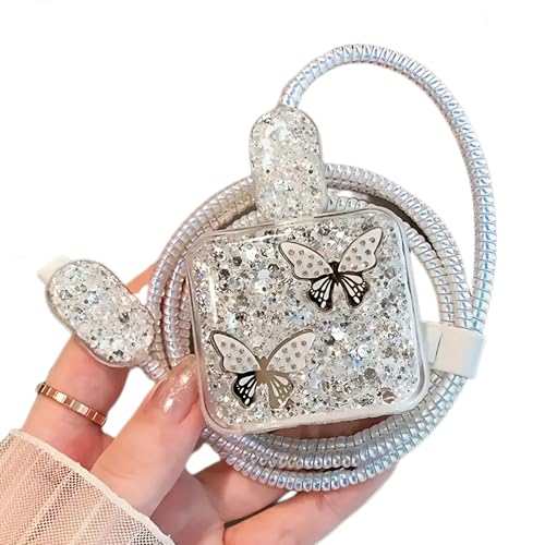 Cute Cable Protector for iPhone Charger,Glitter White Pattern with Butterfly Design Data Line Cable USB Wire Saver Charger Protector,Charging Cord Protector Cover for iPhone 11 12 13 14 15 16 Pro Max