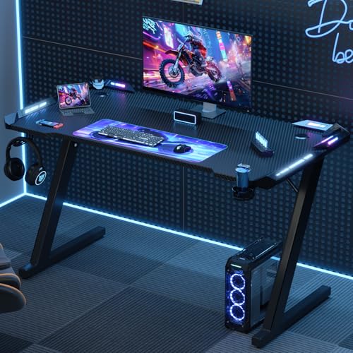 Gaming Tisch mit LED 120x60 cm, Gaming Schreibtisch Z-Frame, Ergonomischer Gamer PC Tisch mit Getränkehalter, Kopfhörerhaken, Stabiler Computertisch, Schwarz – Bild 3