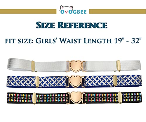 Ovogbee Elastic Belts For Girls Stretch 3 Pack Little Toddler Teen Kids Adjustable Uniform Belt Girls Fashion Belt Peach Heart Blue Silver Color #TOP1