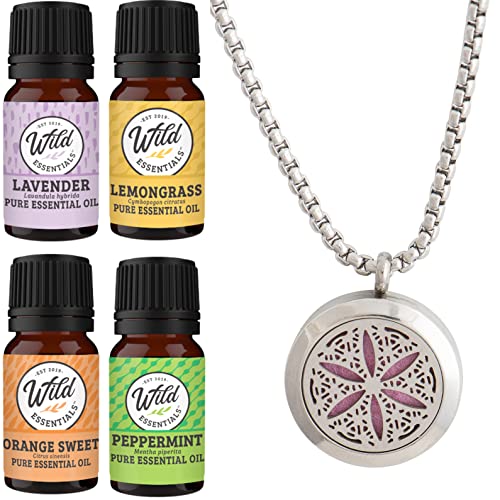 Wild Essentials Flower of Life Necklace Essential Oil Diffuser Kit, Lavender, Lemongrass, Peppermint, Orange Oils, 12 Refill Pads, Calming Aromatherapy Gift Set, Customizable Color Changing, Perfume