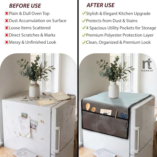 Image of NABAAT Premium Fridge Cover Top for Single Door Refrigerator Kitchen Decor Durable Dustproof Waterproof Modern Design with 6 Side Pockets for Kitchen Accessories - 130 x 54cm (Light Grey)