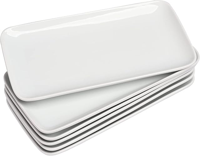WishDeco Porcelain Rectangle Platters Set of 6, (23*12cm), White Ceramic Serving Plates for Dinner Party Buffet with Sandwich Appetizer Sushi. Dishwasher Microwave Oven Safe.