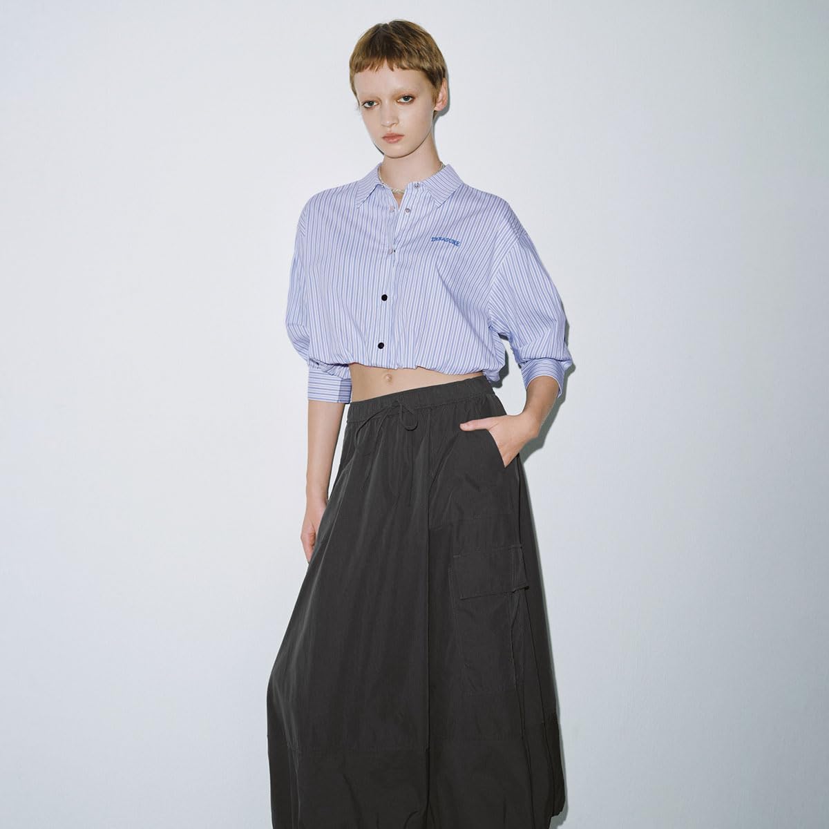 URBAN REVIVO Women's Striped Crop Shirt with Medium Long Sleeves, Soft Breathable Fabric - Image 2