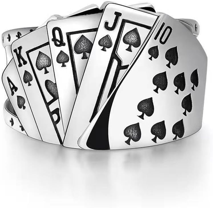 Poker Cards Ring for Men Women Vintage Diamond Spade Flush Playing Cards Band Adjustable Hip Hop Punk Poker Games Gambling Open Rings